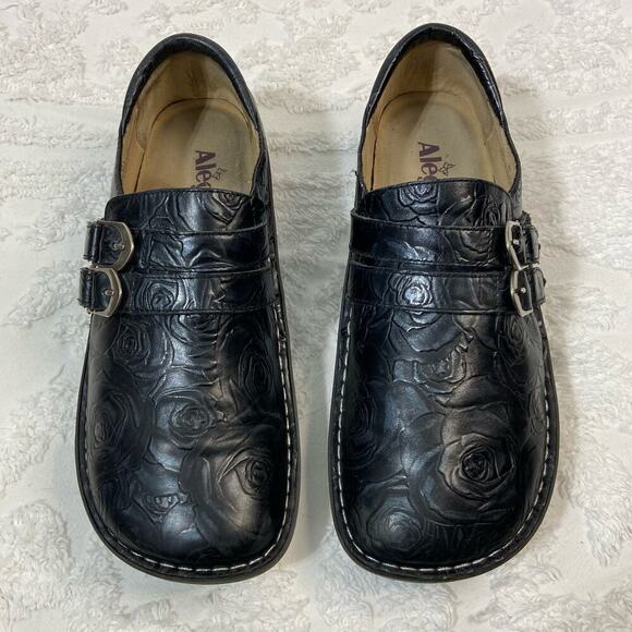 ALEGRIA ALI Floral Slip On ALL-571 Leather Women's Black Sz 10.5 Goth Core Punk - Picture 1 of 8